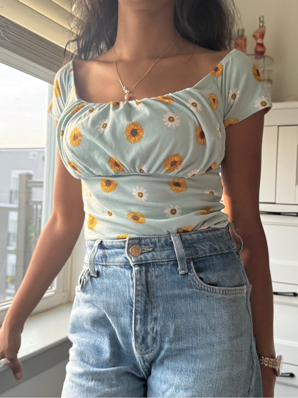 Rue21 Light Blue Sunflower Ruched Crop Top